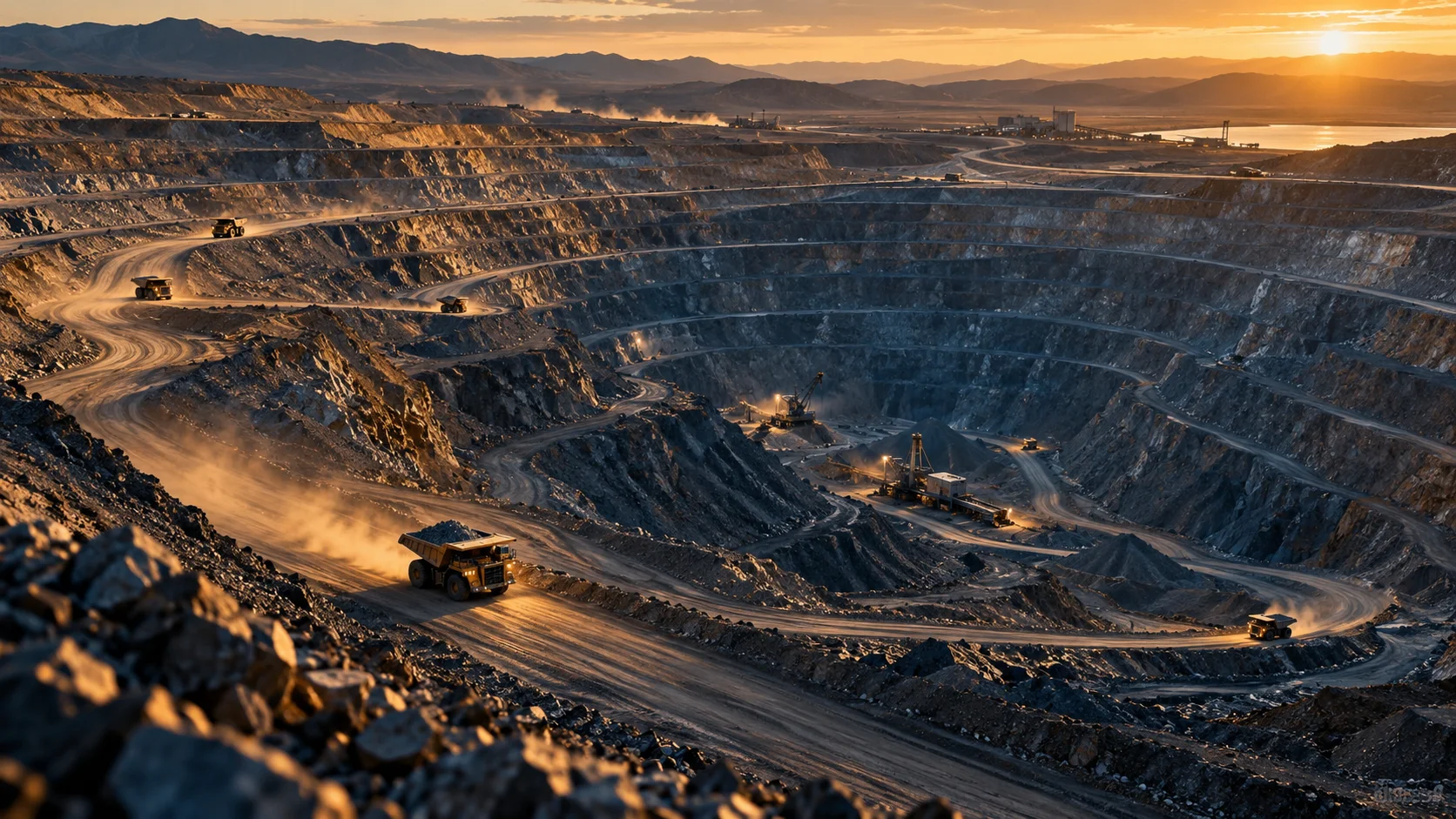 Aerial view of an open pit mine with haul trucks on the benches