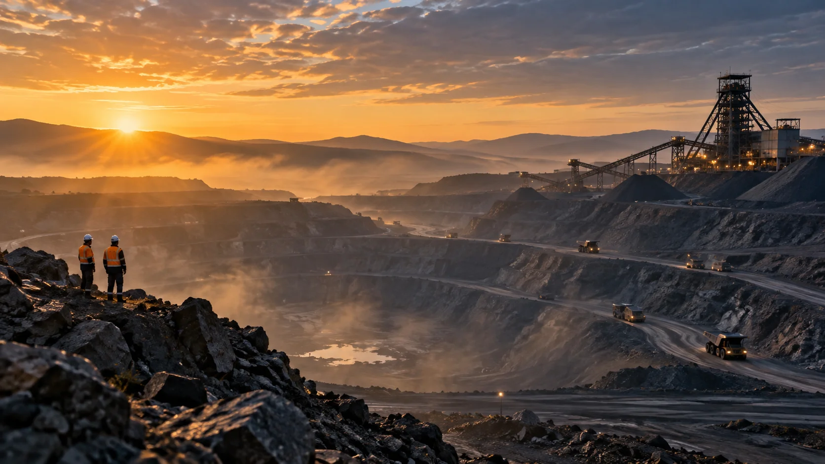 Mine headgear at first light with workers in frame for scale