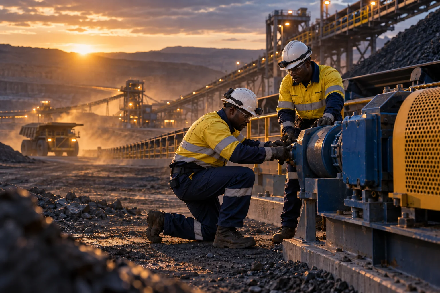 Prow Mining technicians in full PPE working on a conveyor drive