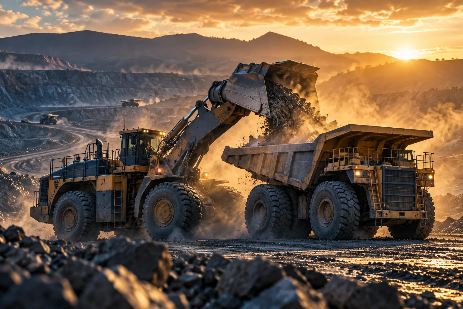 Loader tipping ore into a haul truck in late afternoon light
