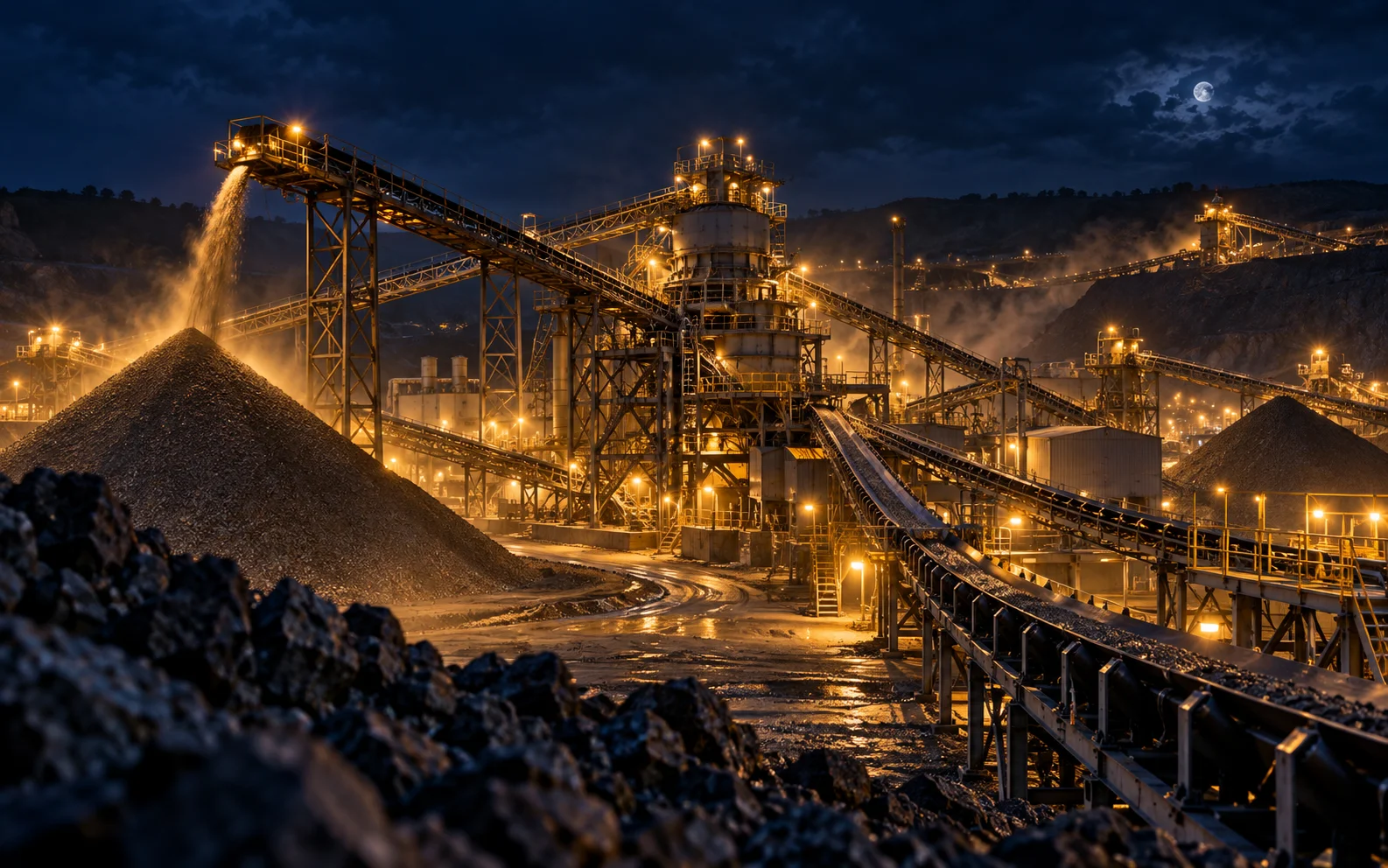 Mining plant operating at night